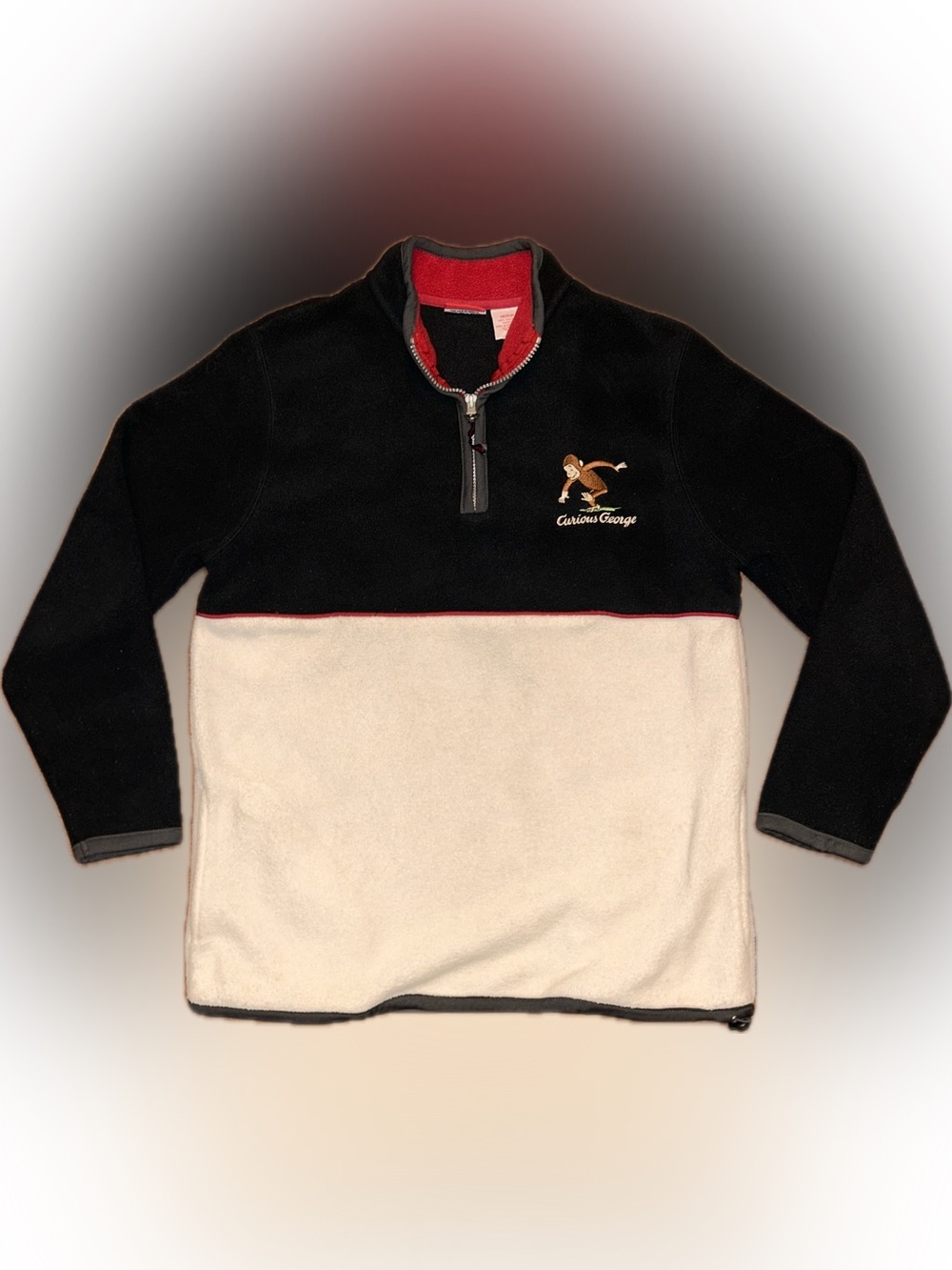 Vintage Curious George Embroidered Fleece Pullover 1/4 Zip Sweater Black Cream M